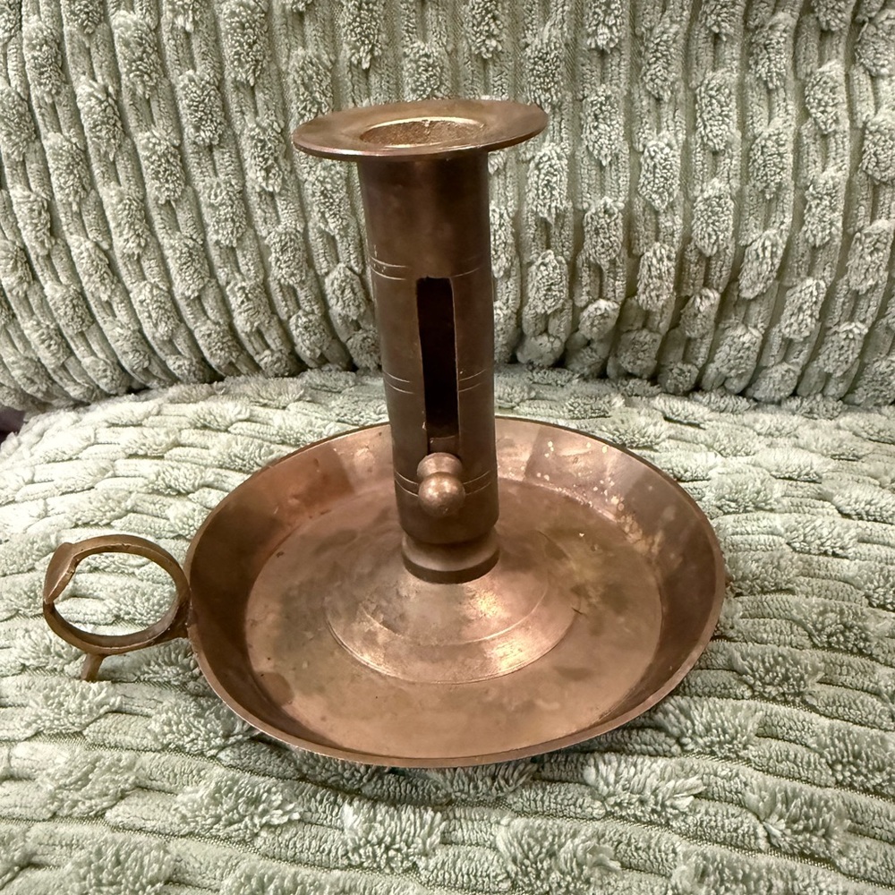 Antique Brass Chamberstick Candlestick Holder with candle lift and spill plate